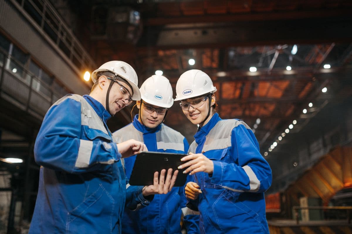 High-Tech Robotics engineering team collaborating on the factory floor